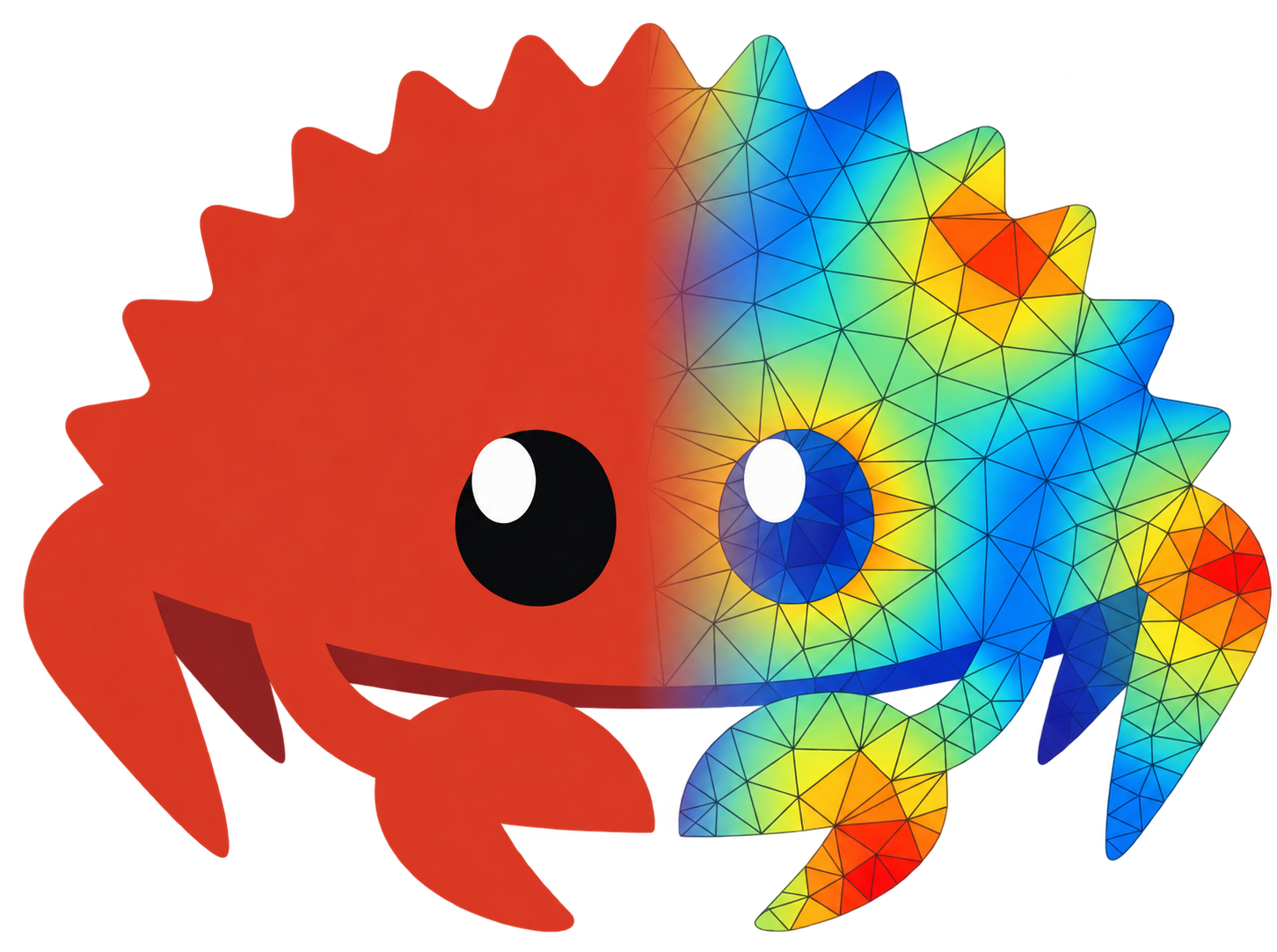 The Rust crab, half solid red and half a colour-contoured finite element mesh